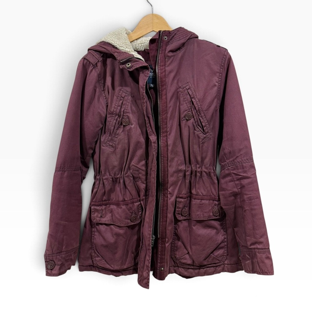 American Eagle Womens M Burgundy Sherpa Lined Hooded Utility Parka Jacket